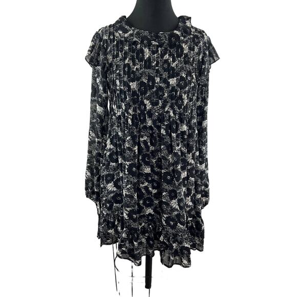 FREE PEOPLE Black Floral Pleated Ruffles Babydoll Mini Tunic Dress XS - Picture 1 of 8